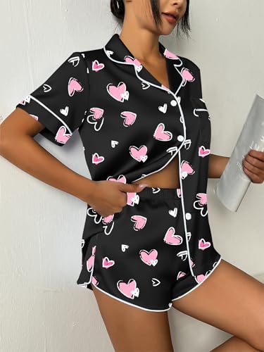 Image of Ekouaer Womens Silk Satin Pajama Set Print Short Sleeve Sleepwear Button Down Pjs Shorts Set Loungewear