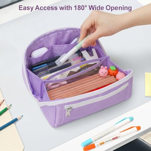 Image of Large Pencil Pouch for Teen Girls, 8 Compartments, Purple | Large capacity pencil case, wide-opening organizer fits calculators, markers, pens; for middle school, high school, college