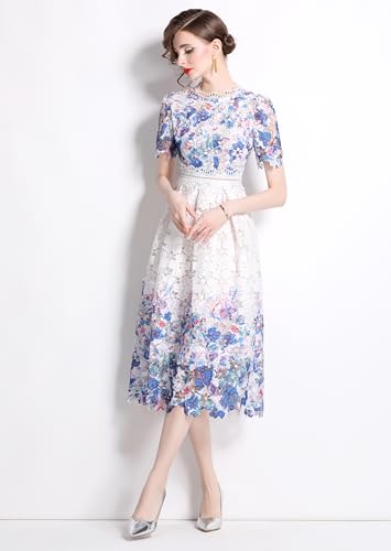 Image of LAI MENG FIVE CATS Women's Lace Floral Short Sleeve Crochet Waist Cocktail Midi Dress