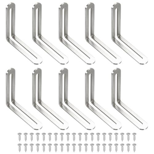 uxcell 10 Pcs Adjustable Right Angle Brackets, Slotted L-Shape Corner Bracket 3.1x0.7x3.1, 90 Degree Steel l Bracket Support for Shelves, Wood Furniture Construction, Silver