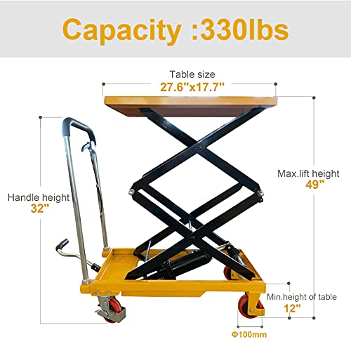 Legines Hydraulic Lift Table Manual Double Scissor Cart Heavy Duty 49\" Lifting Height 330lbs Capacity Material Handing Elevating - Thumbnail 3