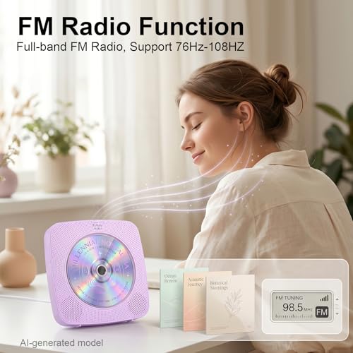 Image of Gueray Portable CD Player Bluetooth: CD Players for Home Rechargeable Desktop Wall Portable CD Player with Bluetooth & Dual Speakers 1800mAh Boombox FM Radio MP3 Music Player (Purple)
