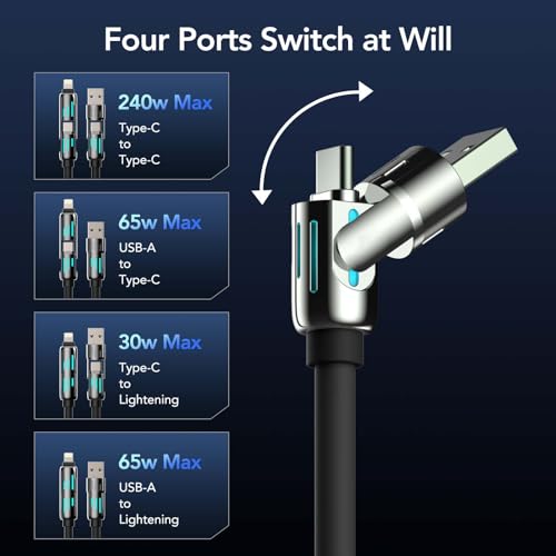 Image of MFish 2-Pack 240W 4-in-1 Multi Charging Cable, Black+Grey, 6.6FT