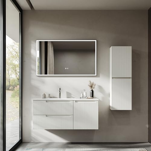 BRIDGE BENO Meuble Haut De 100 cm avec Vasque en Résine Minérale, 2 Tiroirs Et Porte, Ultra-Fin, Fermeture en Douceur, Finition Nervurée, Convient Aux Grandes Salles...