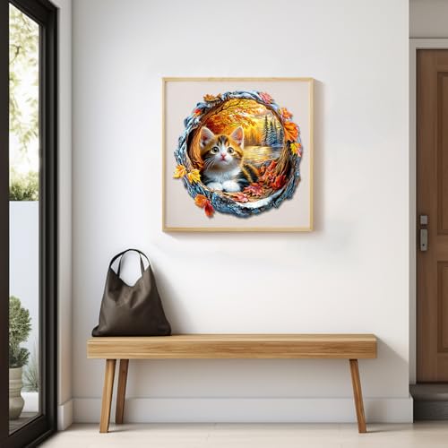 Wooden Puzzles for Adults - Kitten in Autumn Wooden Jigsaw Puzzle, Unique Animal Shaped Wood Puzzles Adult, Christmas Birthday Gifts for Friends/Family, Home Decor 11.4 * 11.3in 190pcs - Image 6