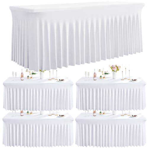 Image of Outpain White Spandex Table Clothes for 6 Foot Rectangle Tables-4Pack 6FT Spandex Fitted Table Cover, Wrinkle Free Tablecloths with Skirt for Parties, Wedding, Birthday, Banquet, Festival