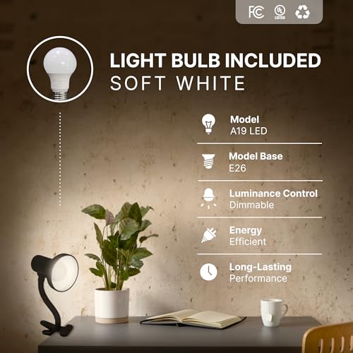 Image of Xtricity LED Clip on Desk Lamp with 360 Flexible Gooseneck, White Finish | Reading Light for Bed Headboard- A19 Bulb Included, 120V, On /Off Switch, 10.25 inch Height Table Lamp