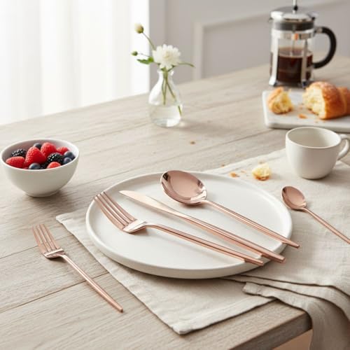 Image of Slim Handle Rose Gold 15 Pcs Stainless Steel Cutlery Set for Dining Table, Dishwasher Safe Glossy Flatware (3 Spoon Set+3 Forks Set+3 Butter Knife+3 Dessert Spoon+ 3 Fruit Fork)