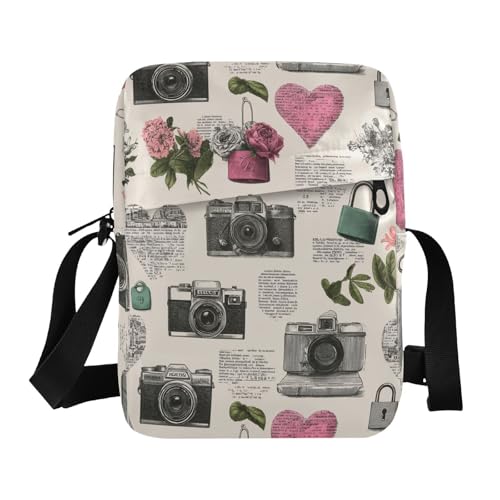 KLL Heart Locks Flowers Camera Retro messenger bags Vegan Leather crossbody bag men Travel Shoulder Handbags