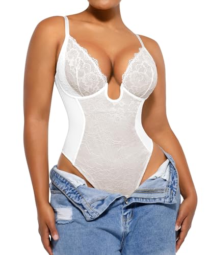 SHAPELLX White Lace Bodysuit for Women Backless Shapewear Push Up Bra Sexy Body Suit Thong Bodysuit Tummy Control Top