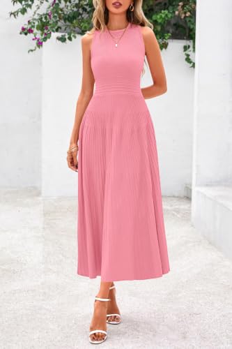 Image of PRETTYGARDEN Spring Casual Dresses for Women 2026 Summer Business Work Midi Sleeveless A Line Pleated Cocktail Dress