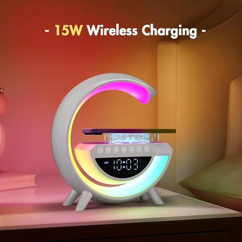 Taylor & Brown Night Light Lamp Wireless Charger, Bluetooth Speaker Alarm Clock, G-Shaped Bedroom Bedside Mood Atmosphere Lamp, Dimmable LED Table Lamp Alarm Clock, Birthday Gift for Girls Boys - Image 4