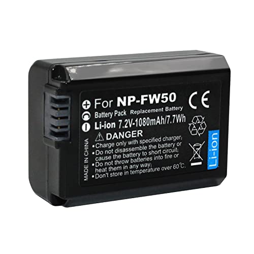 ZUIRUNDA Batterie lithium-ion 7,2 V 1080 mAh pour Sony NP-FW50, Alpha 5000 5100 6000 6100 6300 6400 6500 NEX 3 5 6 7 Alpha 7 7II 7R 7RII 7S II III A33 A35 A37 A37 55 A3. 000 CyberShot DSC RX10