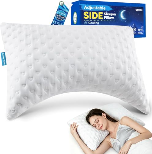 btasleeep Side Sleeper Pillows for Neck & Shoulder Comfort - Ergonomic Curved Crescent Design, Adjustable Shredded Memory Foam, Cooling & Soft Cover, Extra Fill Included, Queen Size