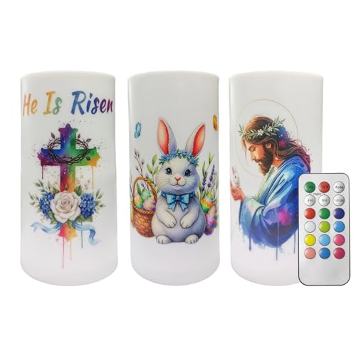 Image of 3PCS Nativity Easter Flameless Candles with Remote | Christian Cross Bunny LED Candles for Spring Easter Home Decor Hoster Gift