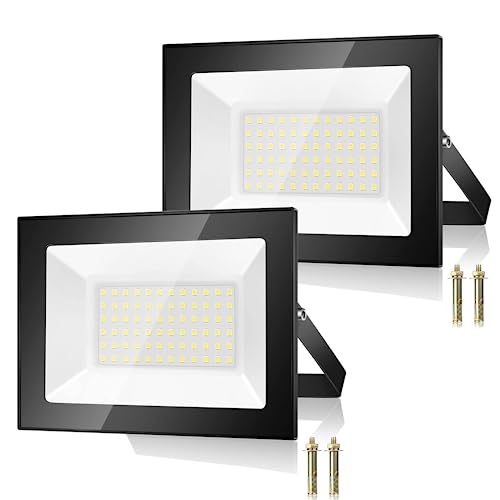 50W Projecteur LED Exterieur 2 Pièce, 5000LM 7000K Spot Extérieur, 72 Puces IP67 Imperméable Blanc Froid Eclairage de Sécurité LED, Luminaire Exterieur Pour Patio, Garage, Jardin, Terrasse,Usine