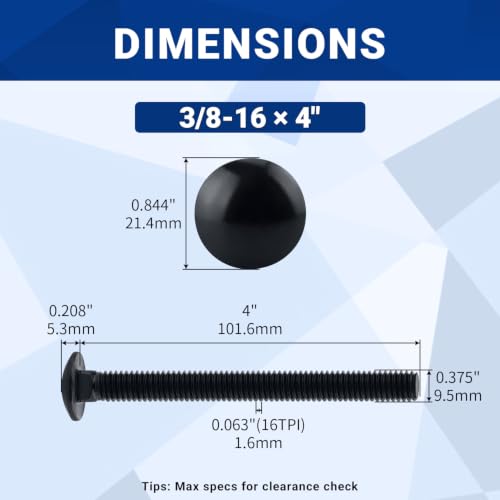 Image of 3 /8-16 x 4 Black Carriage Bolts with Nuts and Washers Kits (8 Sets), 304 Stainless Steel 18 /8, Black Finish, Round Head, Square Neck, Heavy Duty Bolts, Indoor Outdoor Fastening Bolts, Fayeploo
