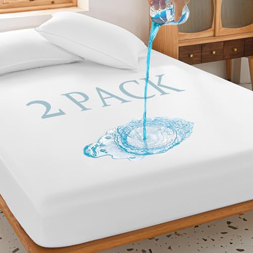2 Pack Twin Waterproof Mattress Protector Deep Pocket Mattress Cover, Soft Breathable Mattress Pad, Fitted Noiseless Waterproof Bed Cover Stretch to 19″