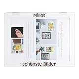 Striefchen® Bilderrahmen für Kinderzeichnungen personalisiert mit Gravur – A4 Rahmen mit Aufbewahrungsfach für bis zu 150 Bilder von Kindern – Kunstbilderrahmen für Kinderbilder (Weiß, Horizontal)