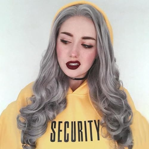Perruque synthétique longue grise avec dentelle frontale xiweiya et cheveux ondulés 180%