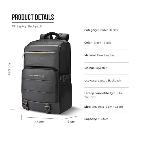 Image of Gear Double Decker 31L Large Water Resistant Faux Leather Anti-Theft 5 Compartment Laptop Backpack /Office Bag For Men /Women (Black)