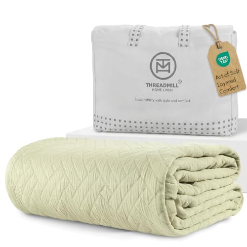 Threadmill Luxury Cotton Blankets for Queen Size Bed | All-Season 100% Cotton Queen Size Blanket | Criss Cross Cozy Lightweight, Soft Breathable Coverlet fits Full Size Bed, 90x92 | Sage Green