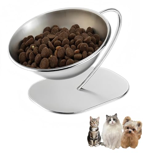 CYUmail Elevated Cat Bowls,15 Degree Inclined Stainless Steel Cat Bowls,Detachable Metal Bracket,Protect The Cervical Spine,Prevent Vomiting,Ergonomic Design for Healthy Eating & Digestion