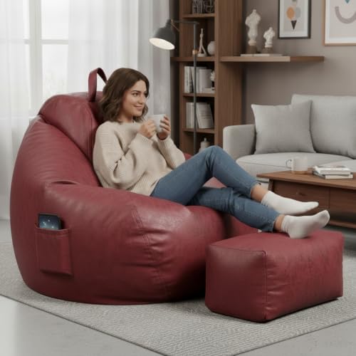 Image of KAM'S LIEU 5XL Premium Imported Suede Bean Bag Chair with Footrest & Cushion | Filled with High Density Polystyrene Beans | Premium Soft Fabric | Ready to Use Color- (Maroon, 5XL)