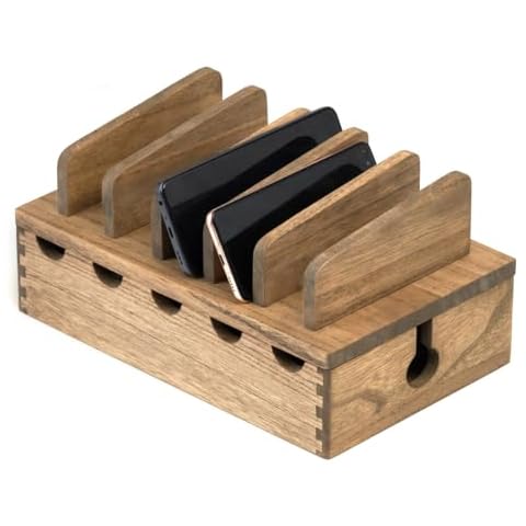 KIRIGEN Wood Charging Station Rack Organizer for Multiple Devices Desktop Organizer with 5 Ports for Cell Phones, Tablets, Earphones Wooden Cable Management DDXH-DBR Cover