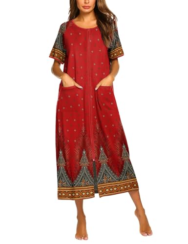Image of Ekouaer Women Robe Zipper Short Sleeves Full Length House Coat with Pockets