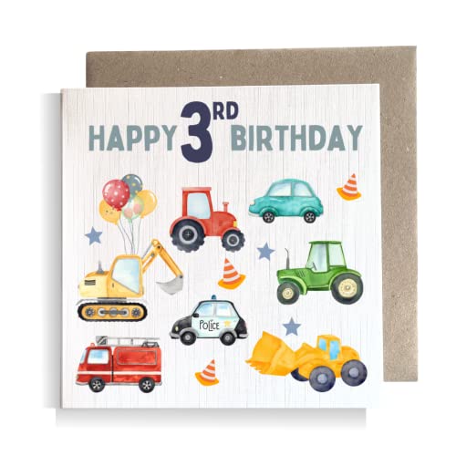 Second Ave 3rd Birthday Age 3 Childrens Kids Baby Tractor Car Square Card For Boy or Girl Birthday