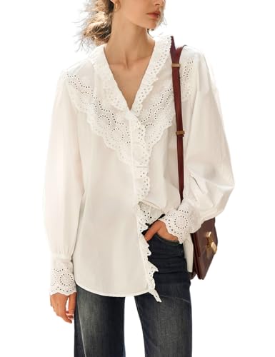 EVAZOU Women's White Eyelet Ruffle V-Neck Shirt, Puff Sleeve Spring