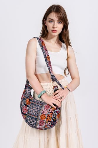 Image of Hobo Crossbody Bag for Women - Handmade Cotton Boho Purse with Wooden Ring | Lightweight Slouchy Shoulder Sling Tote Bag