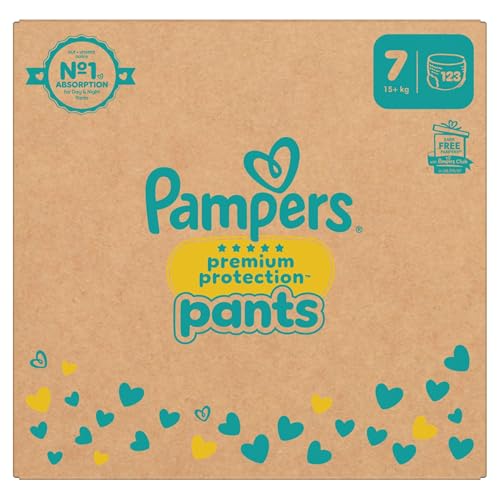 Pampers Premium Protection Pants rozmiar 7, 123 pieluchy, 17 kg+, komfort i ochrona dzięki spodniom Pampers dla łatwego zakładania