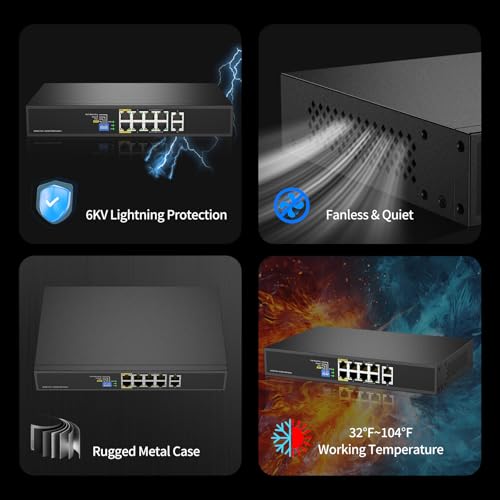 Image of 8 Port Full Gigabit PoE++ Switch, 4 BT 90W & 4 AT 30W Ports, 2 Gigabit Uplink, Total Budget 200W, 802.3af /at /bt Compliant, Compatible with PTZ PoE IP Cameras, VOIP Phones, AP, PoE Light