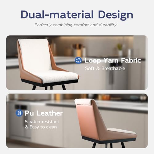 Ollega Bar Stools Set of 2, 26" Counter Height Bar Stools, Upholstered Swivel Barstools with Backs, Loop Yarn Fabric&Pu Leather, Metal Legs for Kitchen Island, Beige&Brown — view 5