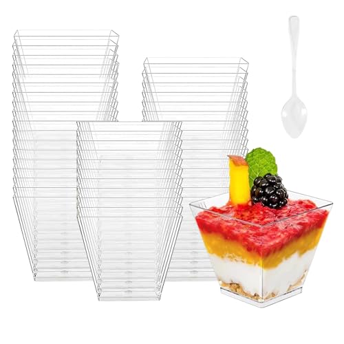 Leseed 50 peças 2oz/60 ml copos para sobremesas com colheres, copos de sobremesa de plástico reutilizáveis canecas de sobremesa para pudim, gelado, ousse, casamentos, aniversários (transparente) (50)
