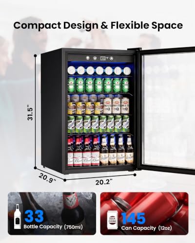 Image of Feelfunn 4.5Cu.Ft Beverage Refrigerator 145Can Mini Fridge Glass Door Black