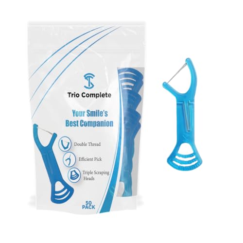 Floss Picks with Tongue Scraper – 3-in-1 Double Thread Dental Picks, Disposable Toothpicks for Travel & On-the-Go (50 Count)