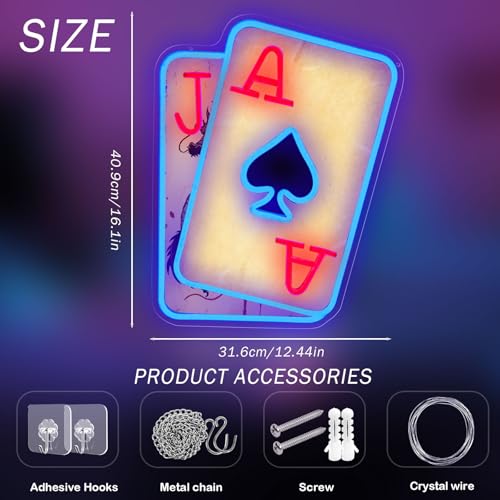Image of Poker Neon Sign for Wall Decor Dimmable Casino LED Light for Game Room | Playing Cards LED Neon Sign for Poker Room, Bar, Man Cave, Casino Party Decor, Gifts for Poker Lovers, USB Powered