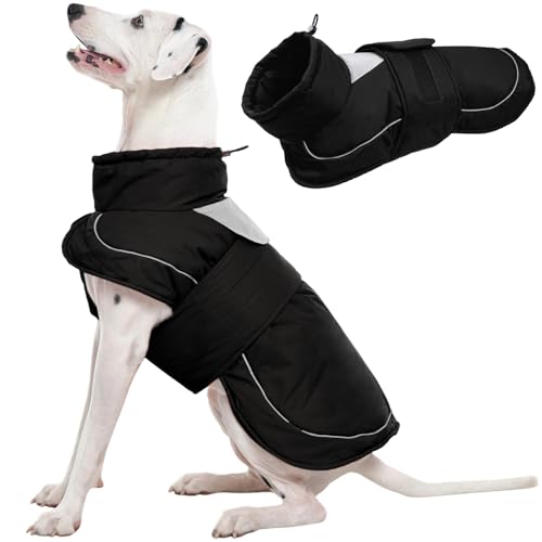 Kuoser Hundemantel Hundejacke, Winter Hundejacke Wasserdicht & Winddicht, Mit Reflektierenden Streifen und Leinenöffnung, Bequemer Klettverschluss, Schwarz L