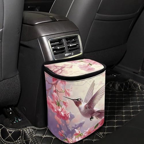 Image of Talayituse Hummingbird Cherry Blossom Print Car Trash Can with Lid, Leak Proof Auto Trash Bag Hanging Vehicle Garbage Can Multipurpose Storage Container for Back Seat Road Trip