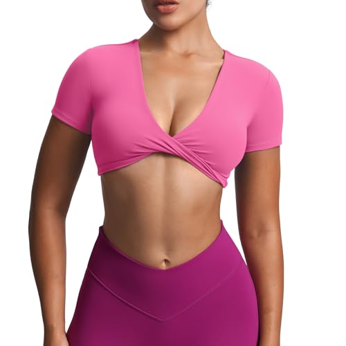 Image of Aoxjox Short Sleeve Crop Tops for Women Sienna Twist Deep V Workout Cropped T Shirt Top (Azalea Pink, Small)