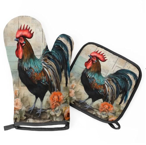 Vintage Rose Rooster Oven Mitts Kitchen Oven Gloves for Cooking Baking Heat Proof Lining Cotton Kitchen Potholder Mittens Pot Holders Hot Pads for Chef Women Men