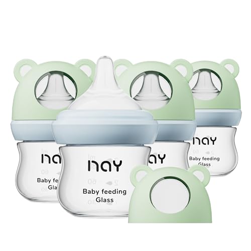 Image of yanyoyo Natural Glass Baby Bottle for Breastfeeding Babies, 3oz Newborn Anti-Colic Baby Bottle with Slow Flow Nipples (SS), Clear, Wide Neck, 4 Pack, 0 Months+