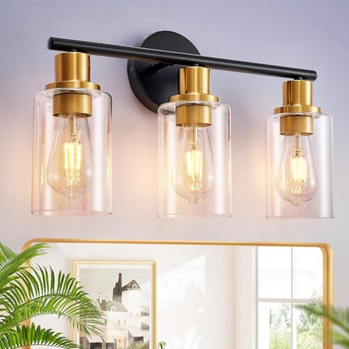 Image of DLLT 3-Light Bathroom Light Fixtures: Black and Gold Modern Vanity Lights with 3 E26 Bulbs - Clear Glass Shade Bathroom Wall Lamp for Mirror Kitchen Living Room Hallway Cabinet Porch