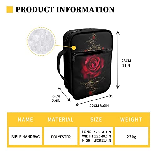 ZIATUBLES Red Rose Print Bible Cover Carrying Book Case Church Bag Bible Protective with Handle and Zippered Pocket for Mother Lady Women - Image 3