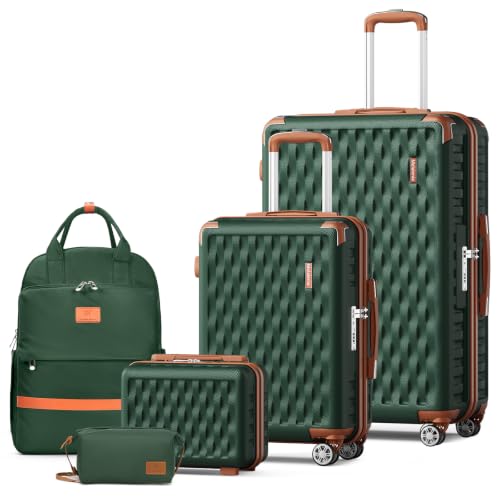 Image of Melalenia Luggage Sets 5 Piece Hard Shell Carry on Suitcase with Spinner Wheels and TSA Lock, Lightweight Travel Backpack for Women, Men, Green Brown