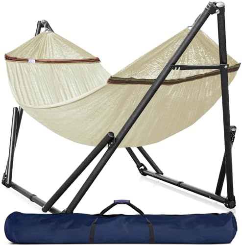 Tranquillo Double Hammock with Stand Included for 2 Persons/Foldable Hammock Stand 550 lbs Capacity Portable Case - Inhouse, Outdoor, Camping, White