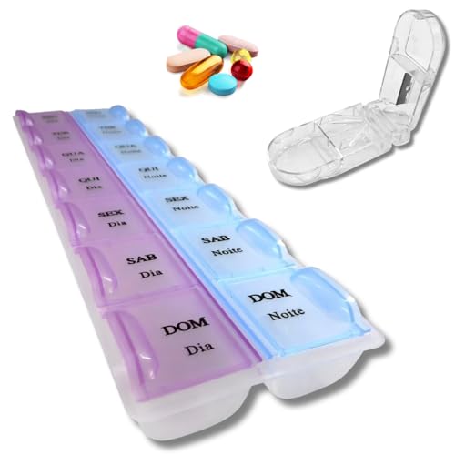 Kit Organizador Caixa Porta Comprimidos Semanal Manhã e Noite Remédio Cápsulas + Cortador de Comprim
